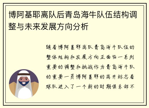 博阿基耶离队后青岛海牛队伍结构调整与未来发展方向分析